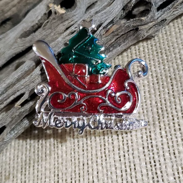 Christmas Santa Sleigh Tree Red Green Silver Enamel Sweater Pin Brooch