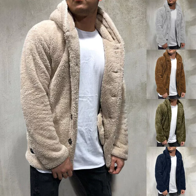 Mens Teddy Bear Fluffy Fleece Cardigan Winter Warm Hooded Jacket Hoodie Coat UK