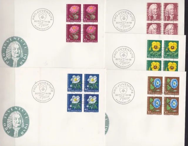 Schweiz,Pro Juventute 1958 Mi.663-667, 5 FDC 4er-Blocks