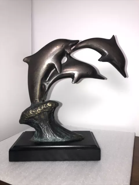 Vintage Solid Brass Dolphins jumping waves small statue figure paperweight