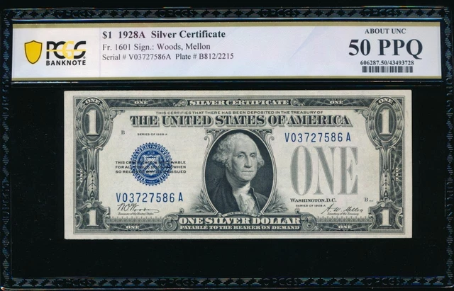 AC 1928A $1 Silver Certificate PCGS 50 PPQ Fr 1601 V-A block