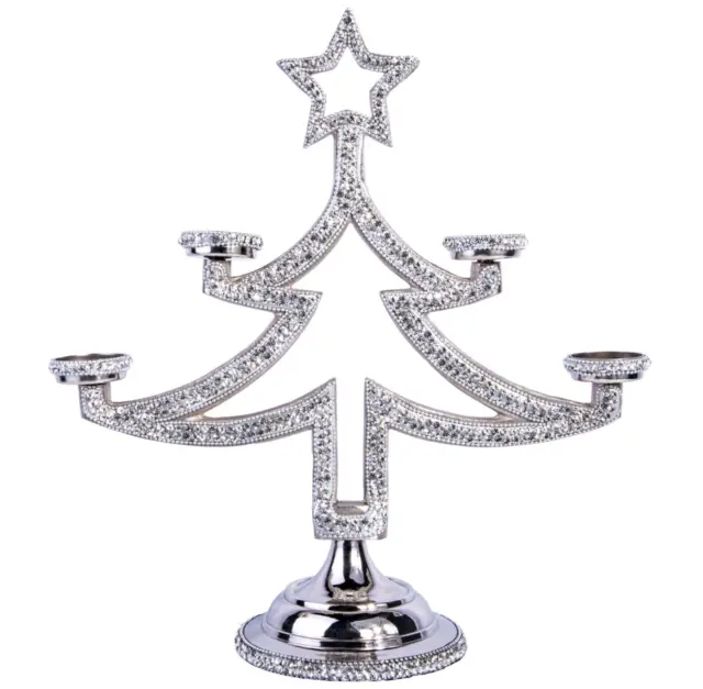 Metal Christmas Tree Candle Holder with Crystals, Tea Light Holder 14.6", SILVER