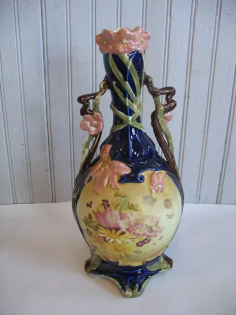 VTG Robert Hanke Austrian amphora Majolica Art Nouveau FLORAL Cobalt vase 14"