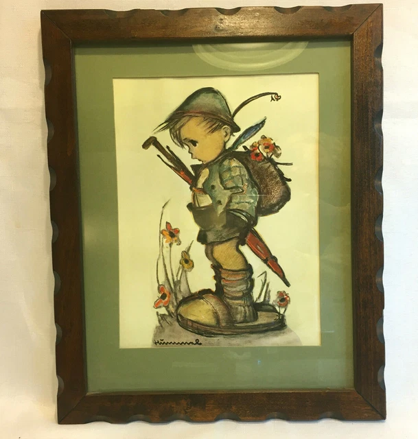 Hummel Print Boy With Knapsack Green Matte & Wood Framed Ars Sacra 29250