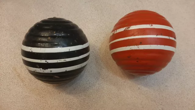 Vintage Croquet Balls Lot (2) Ribbed Three Stripes Orange Black Farmhouse Decor