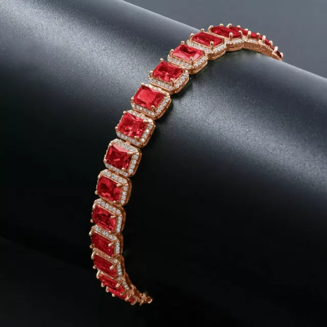 Ruby Red Solitaire Simulated Diamond 14K Rose Gold Finish Unisex Bracelet 8.5''