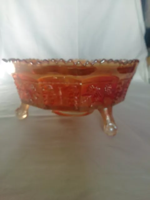 Vintage Fenton , Butterfly And Berries , Marigold ,Tri-Foot Carnival Glass Bowl