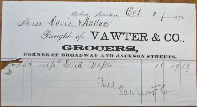 Helena, MT 1878 Letterhead: Grocery - Vawter & Company - Montana Territory