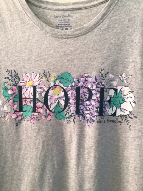 VERA BRADLEY GREY Floral HOPE (Breast Cancer awareness) SS Cotton T-SHIRT NWOT L