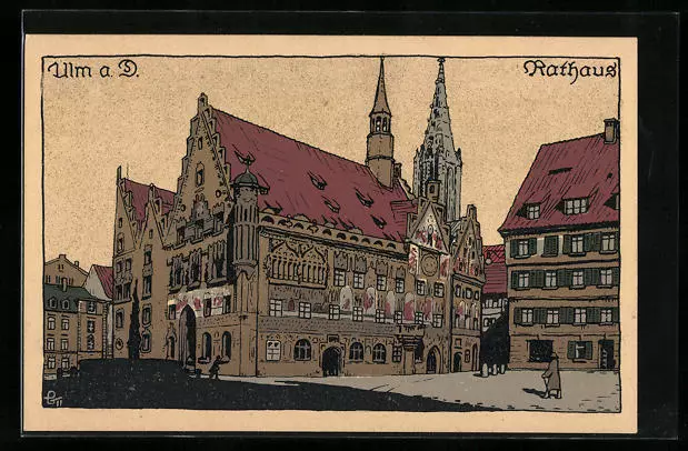 Steindruck-AK Ulm a. D., Rathaus mit Brunnen und Münster