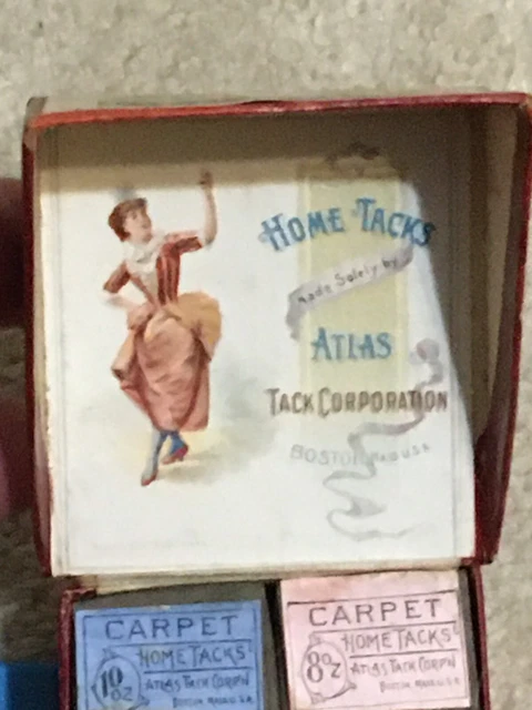 Vintage 6 Boxes of  ATLAS Carpet Tacks in Larger Cardboard Display Box, Full 2