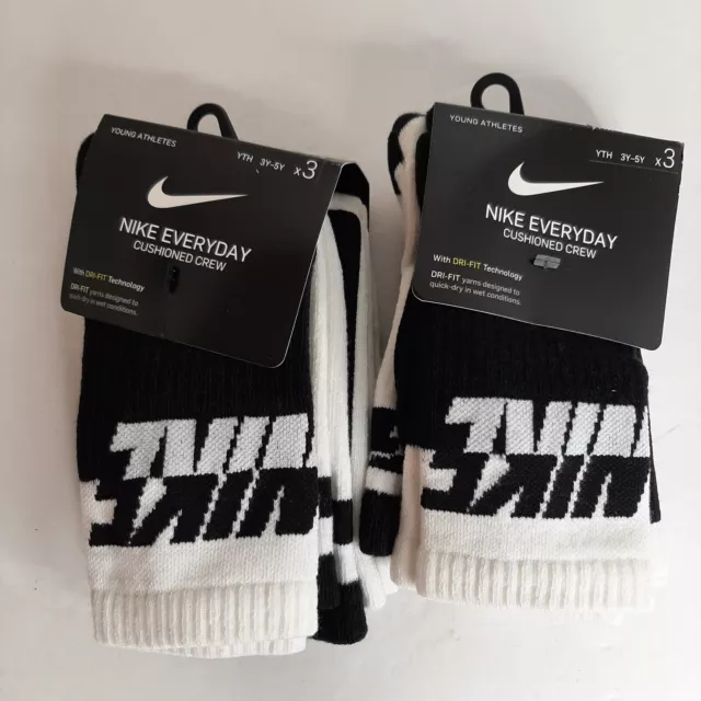 Nike Boys Everyday Dri Fit Cushioned Crew Socks 3 Pr. Sz Sm 3Y-5Y Lot of 2