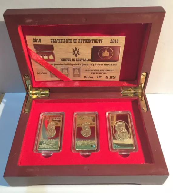 NED KELLY Set Of 3 x 10 gram Ingots With Display Box Finished in 999 Gold LTD