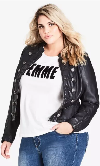 City Chic Women's Plus Size Military PU Vinyl Biker Zip Jacket Black Size 14