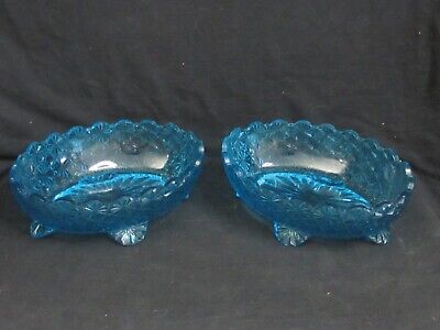 2 EAPG L.G. Wright 7” Oval Footed Aqua Blue Daisy & Button Pressed Glass Bowls