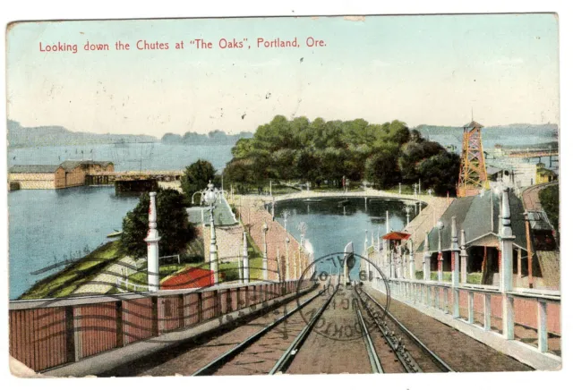 Postcard OR Portland Looking Down the Chutes Oakes Amusement Park Oregon 1907