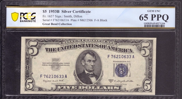 1953 B $5 Silver Certificate Note Fr 1657 Fa Block Pcgs B Gem Unc 65 Ppq
