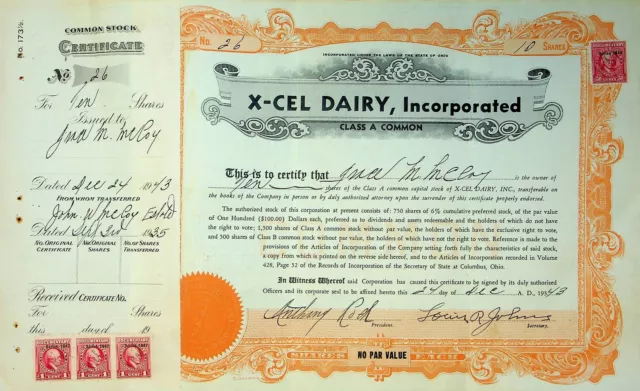 X-Cel Dairy Company Stock Certificate Bond Scripophilly Akron Ohio 1943 No 26 Y