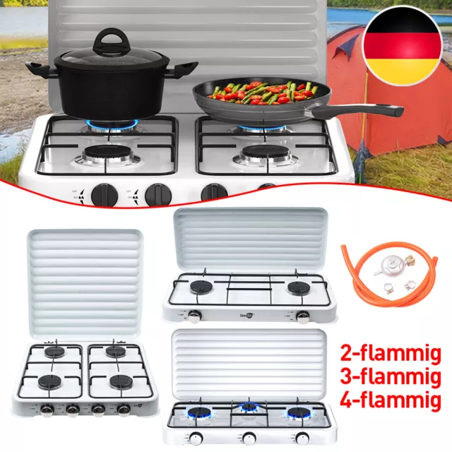 Gaskocher 2/3/4 flammig Campingkocher Kochfeld mit Schlauch und Regler 50 mBar