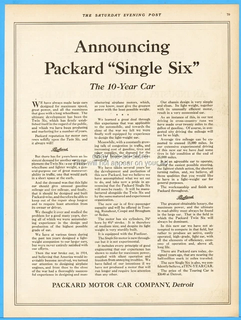 1920 Packard Motor Car Company Detroit MI Single Six antique automobile print ad