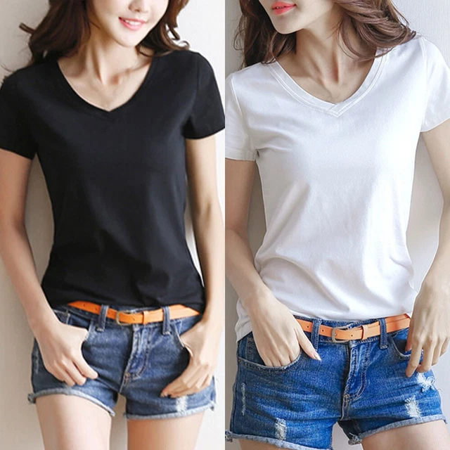 Top T-Shirt Comodo Tinta Unita Girocollo / Collo A V, Manica Corta Slim