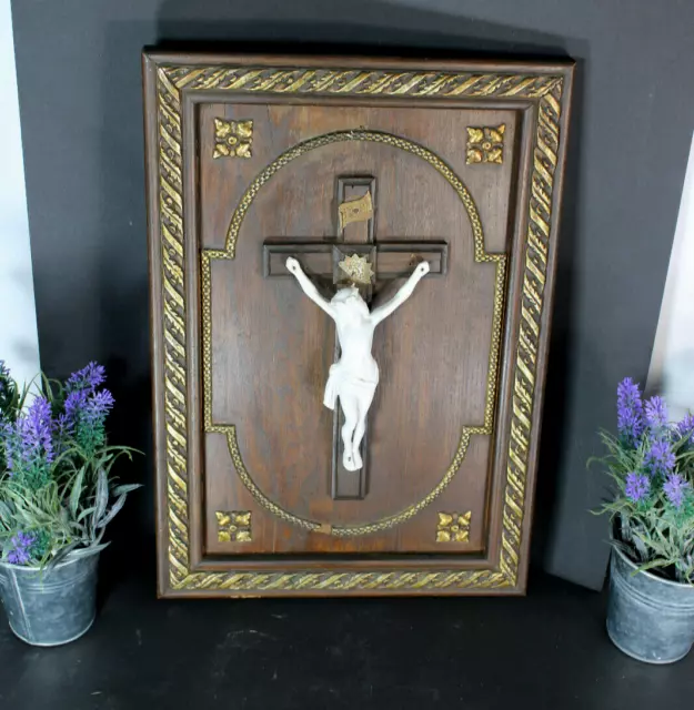Antique French wood carved crucifix bisque porcelain corpus panel religious
