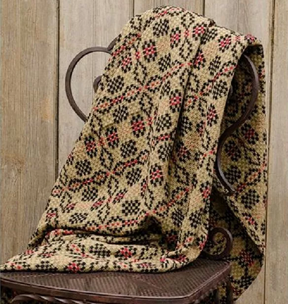 NEW Primitive PATRIOTS KNOT THROW Tan Black Red Coverlet Woven Blanket Farmhouse