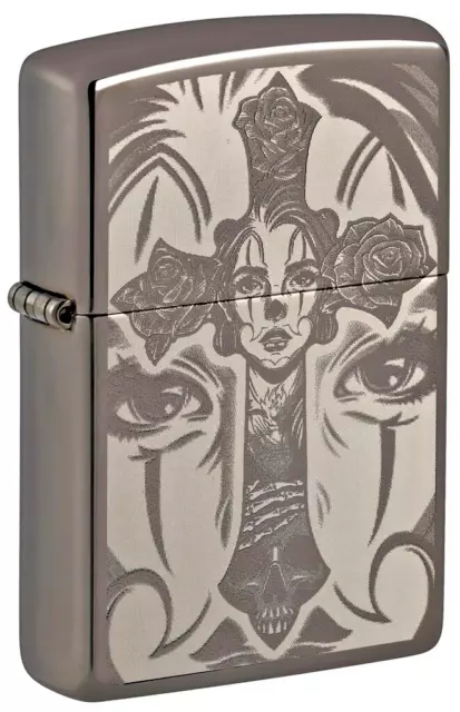 New Zippo Lighter Day Of The Dead Skull Cross Design Tattoo Theme Black Ice®