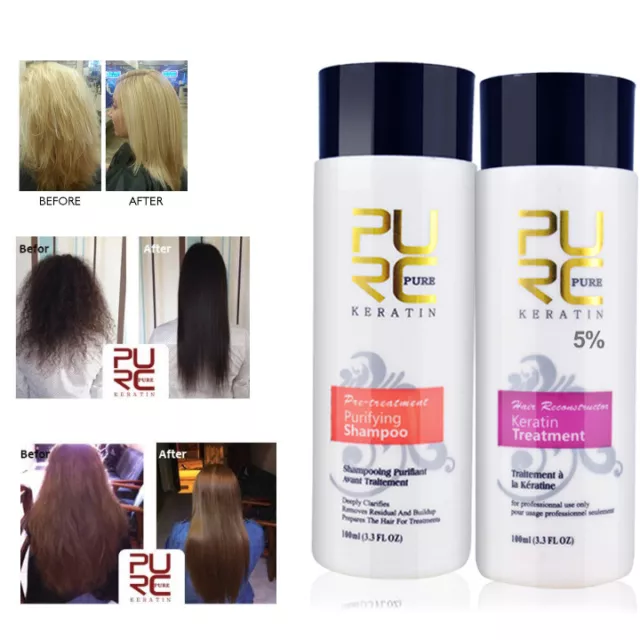 PURE Brazilian Keratin Hair Treatment Straightening Brazil Blow Dry+Shampoo Kit