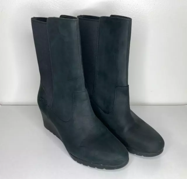 UGG Womens 8" Coraline Black Waterproof Leather Insulated Wedge Boots Size 10