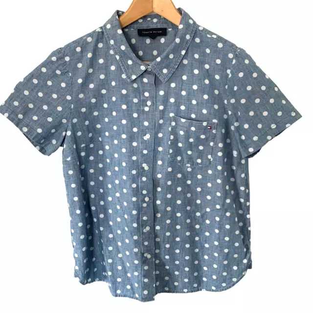 Tommy Hilfiger Womens Polka Dot Chambray Button Down Short Sleeve Shirt Size L