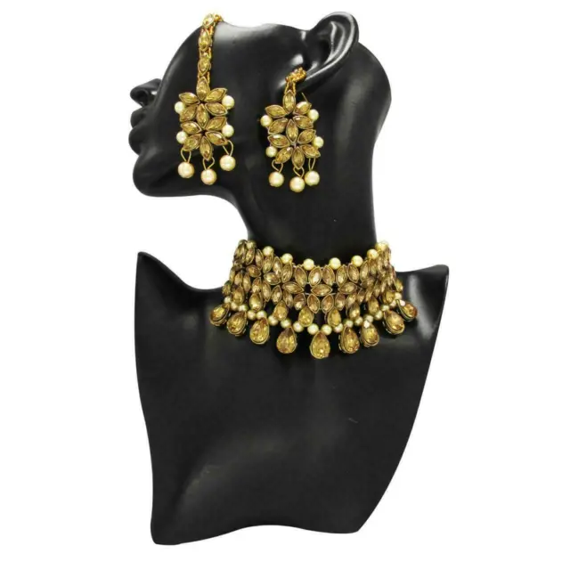 Plaqué Or Indien Kundan Ras Du Cou Collier Boucles Tikka Pakistanais Bijoux Set
