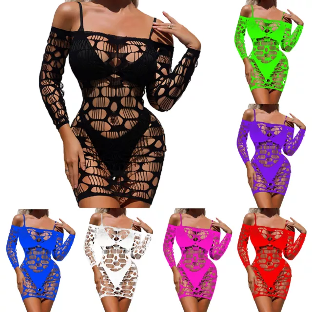 Womens Hip Wrap Mini Dress Off-Shoulder Sexy Dress Long Sleeve Nightclub Mesh