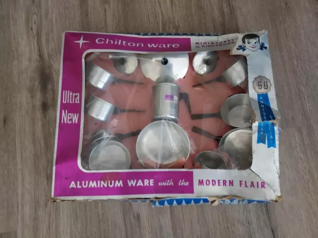 Vintage Chilton Toy Pot Pan Play Aluminum Kitchen Set Semi Sealed 14pc Childs