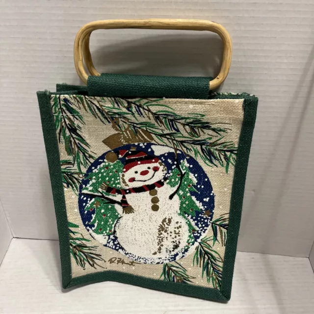 Jute Burlap Hand Painted Wooden Handles Tote Bag Christmas Snowman Signed