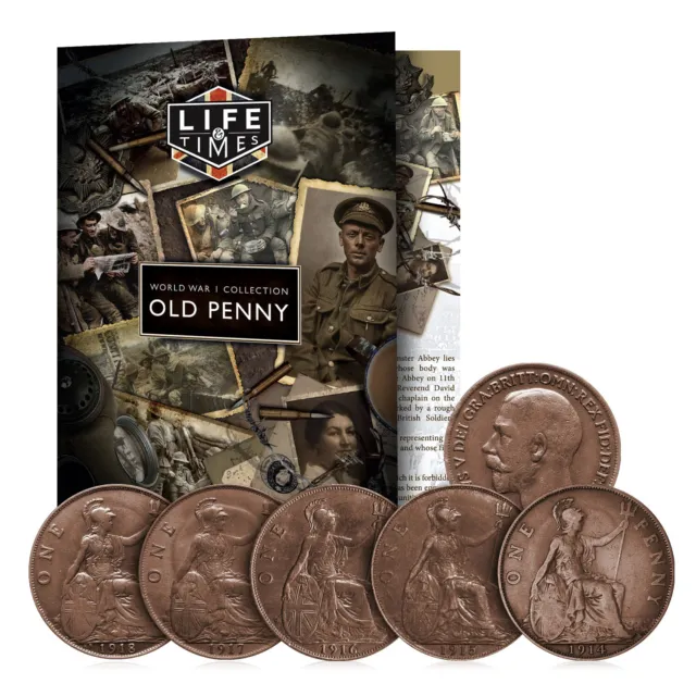 Life & Times Complete WWI Penny Set - 5 Original British Coins from World War I