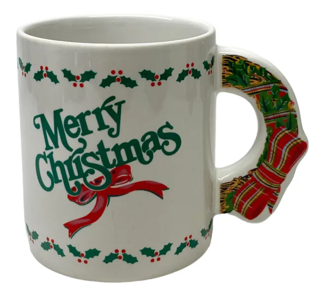 Merry Christmas Coffee Mug Green Red Bows Apples Love Mug Collectible 1988 8 oz