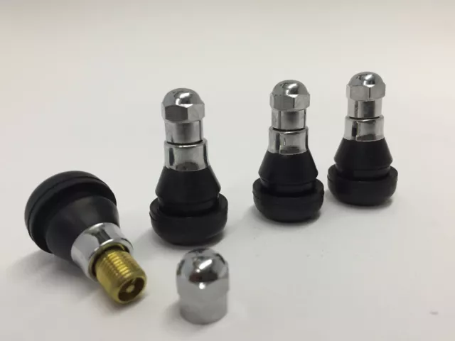 Short Chrome Wheel Valves & Caps Tubeless Tr412 Set Of 4