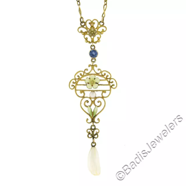 Art Nouveau Krementz 14K Or Saphir, Perle & Émail Lavalier Pendentif & Chaîne