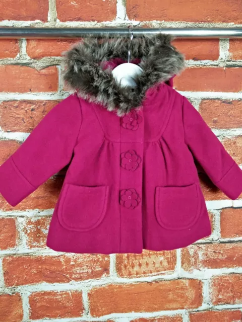 Baby Girl Monsoon Pink Classic Coat Age 0-3 Months Fur Trim Hood Fleece 62Cm