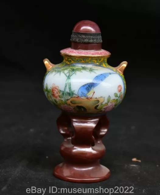 4" Old China Qianlong Marked Bronze Cloisonne Flower Magpie Bird Incense Burner