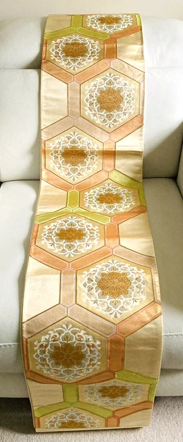 Esagoni Vintage Giapponese Crema/Verde/Pesca/Oro Seta Completi Fukuro-Obi 4 Kimono
