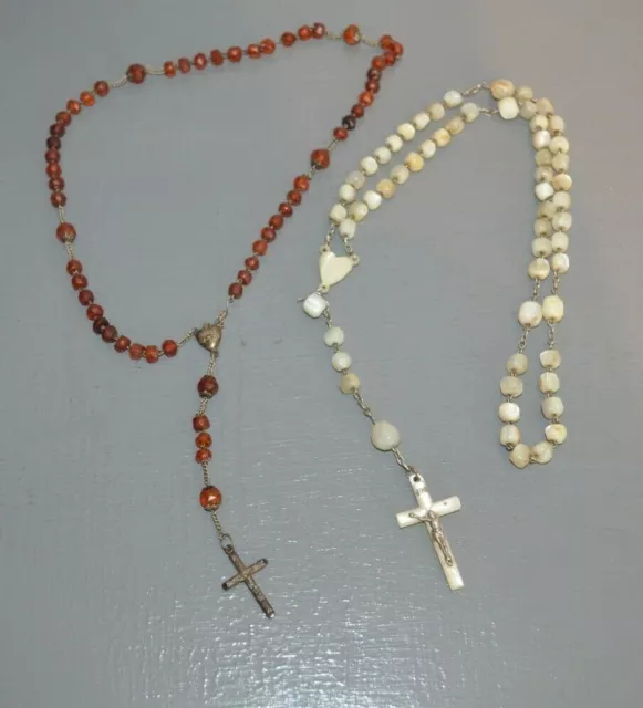 2 Anciens Chapelets Nacre et Argent  Perle et Argent  Rosary 19 ème