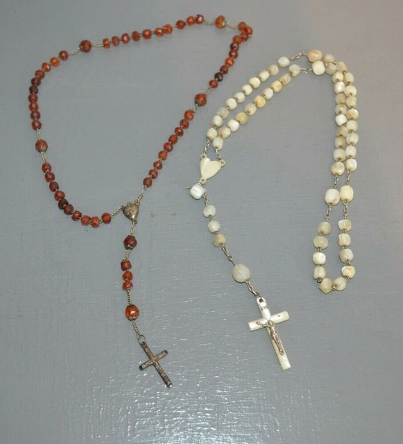 2 Anciens Chapelets Nacre et Argent  Perle et Argent  Rosary 19 ème