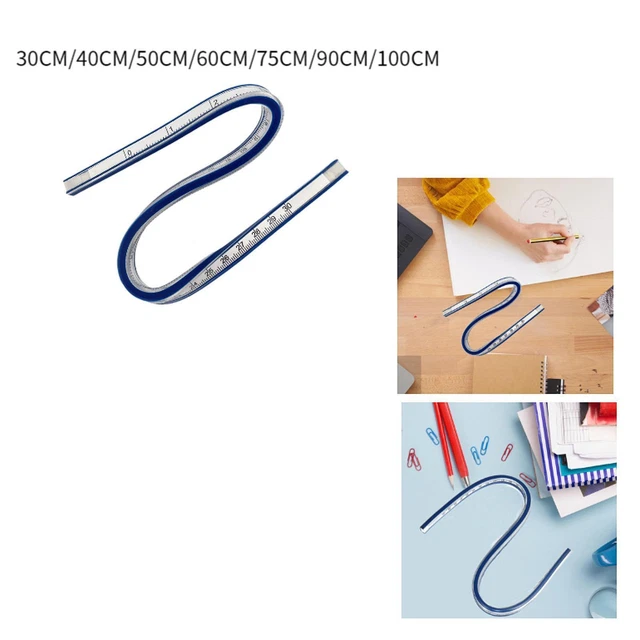 2 règles flexibles PVC métal 60cm, courbe cintrable, dessin technique vêtement menuiserie, bleu