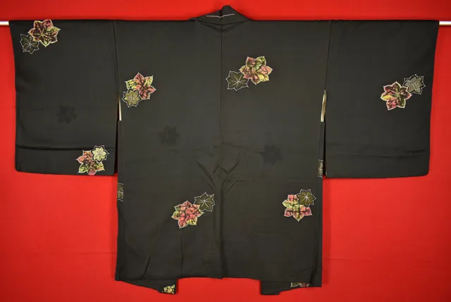 Vintage Japanese Kimono Silk Antique BORO Black HAORI Kusakizome Woven/A516/595