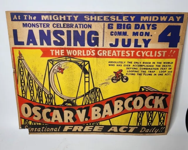 Rare 1930s Oscar V Babcock Circle Of Death Motorcycle Cardboard Sign Carnival