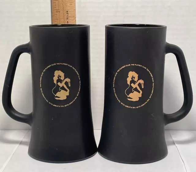 Playboy Club - Matte Black Glass Beer Mugs - Lot of 2 - Mancave Bar Decor