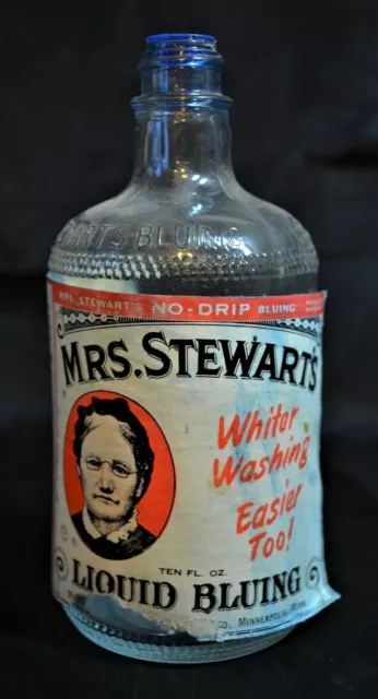 Vintage Mrs Stewarts Liquid Bluing Bottle W Paper Label, Laundry