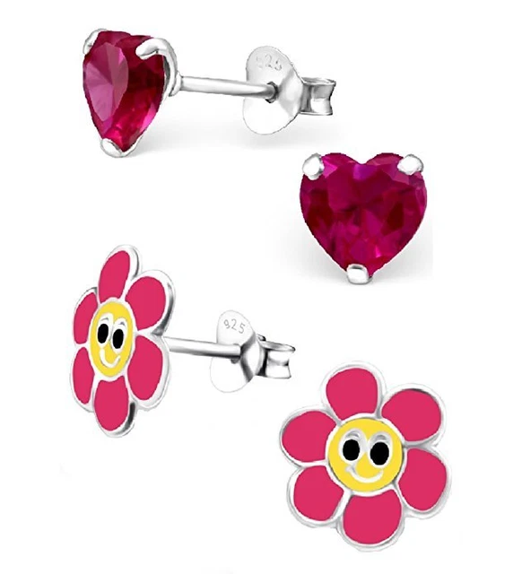 Set of 2 Pairs 925 Sterling Silver Kids Girls Lot Stud Earrings (Nickel Free)